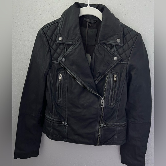 New AllSaints Cargo Distressed Leather Biker Jacket in Black Size 4 - Picture 2 of 7